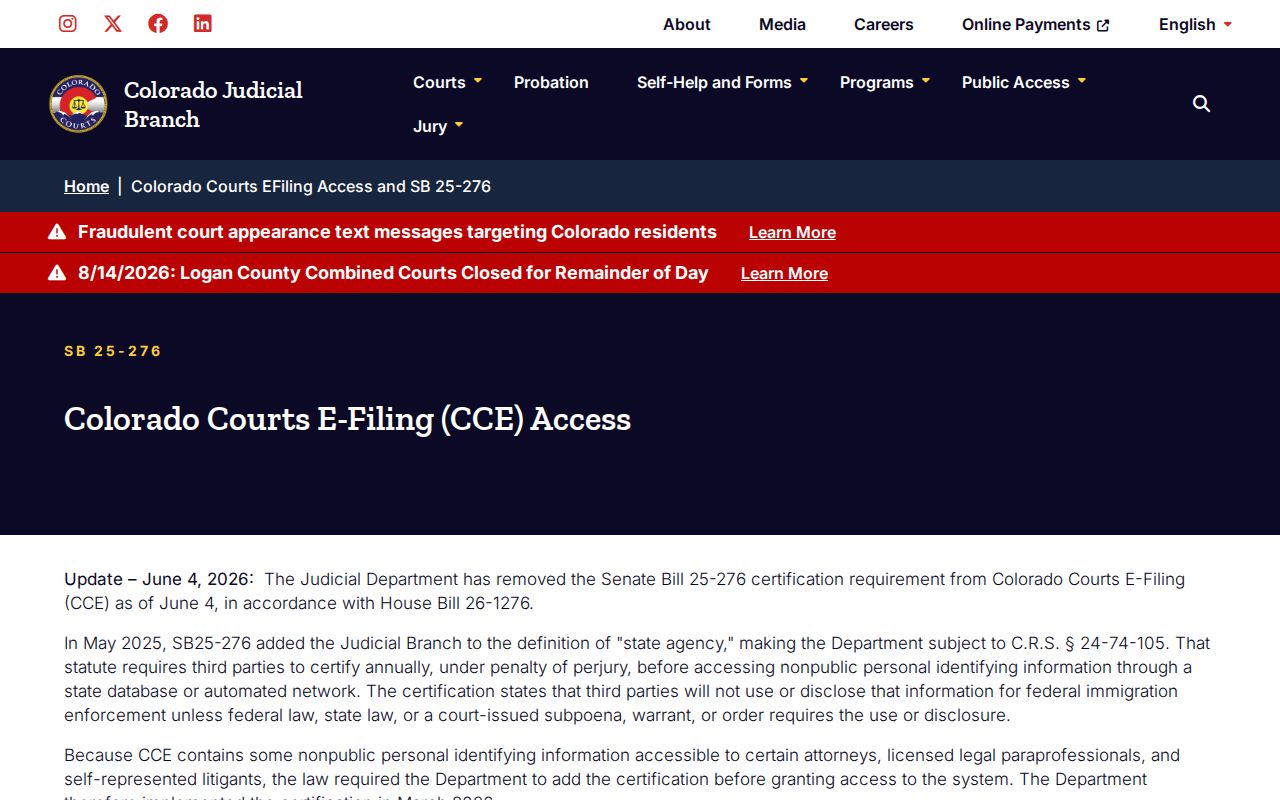Jefferson County case search image from the Colorado Courts E-Filing access update