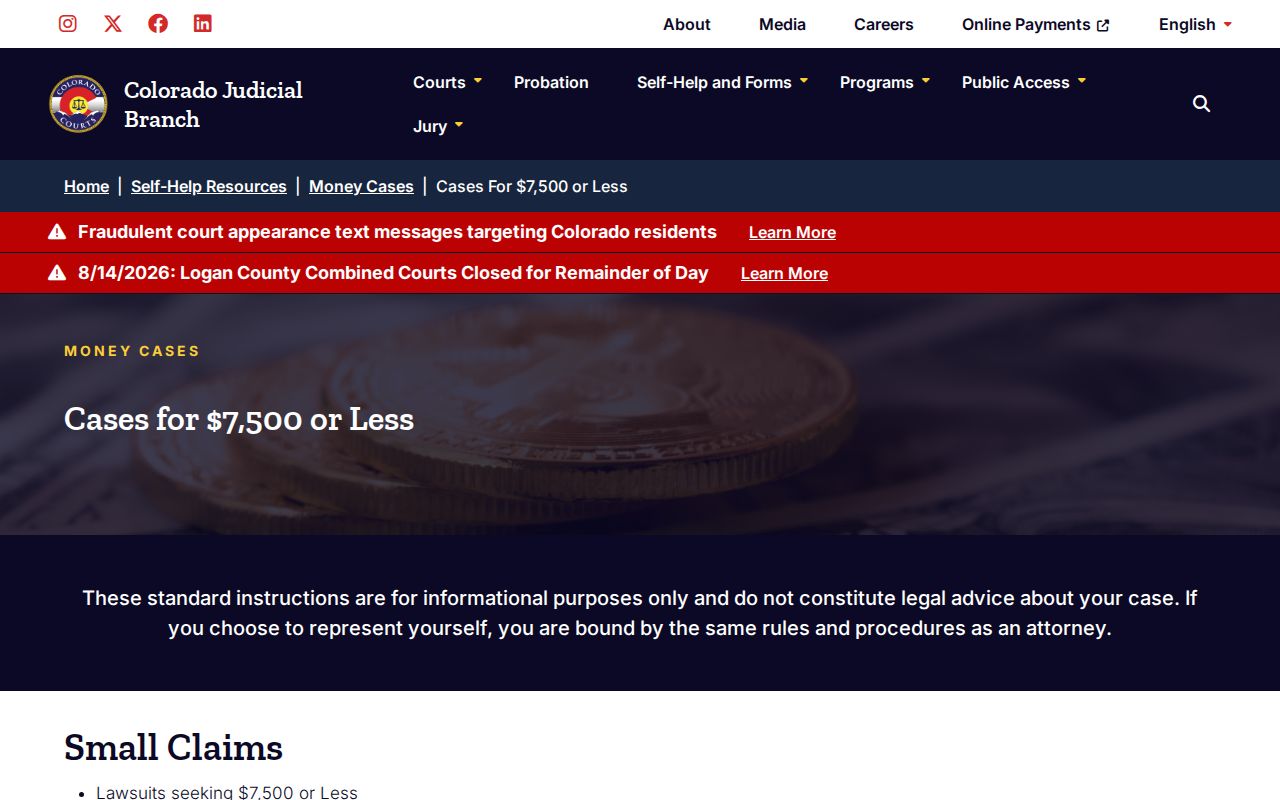 Jefferson County court calendar setting information for small claims