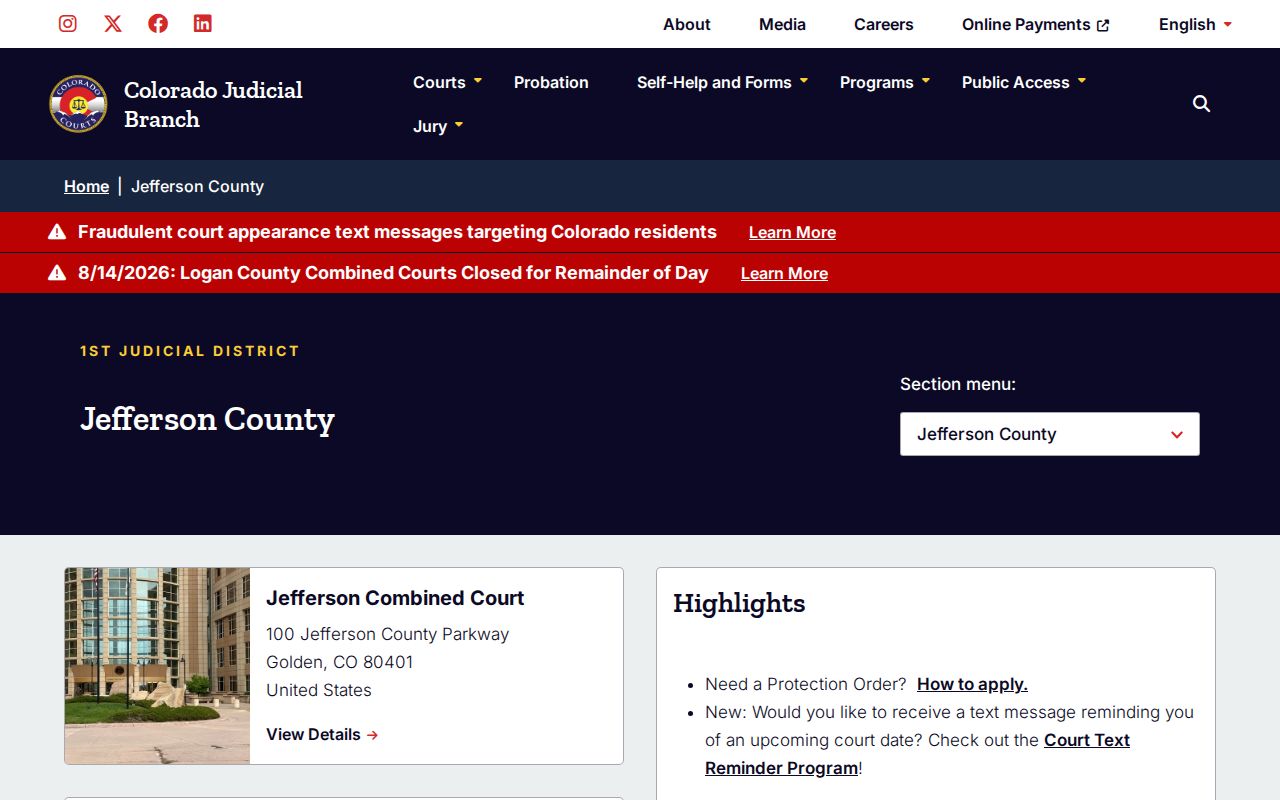 Colorado Judicial Branch Jefferson County trial court page