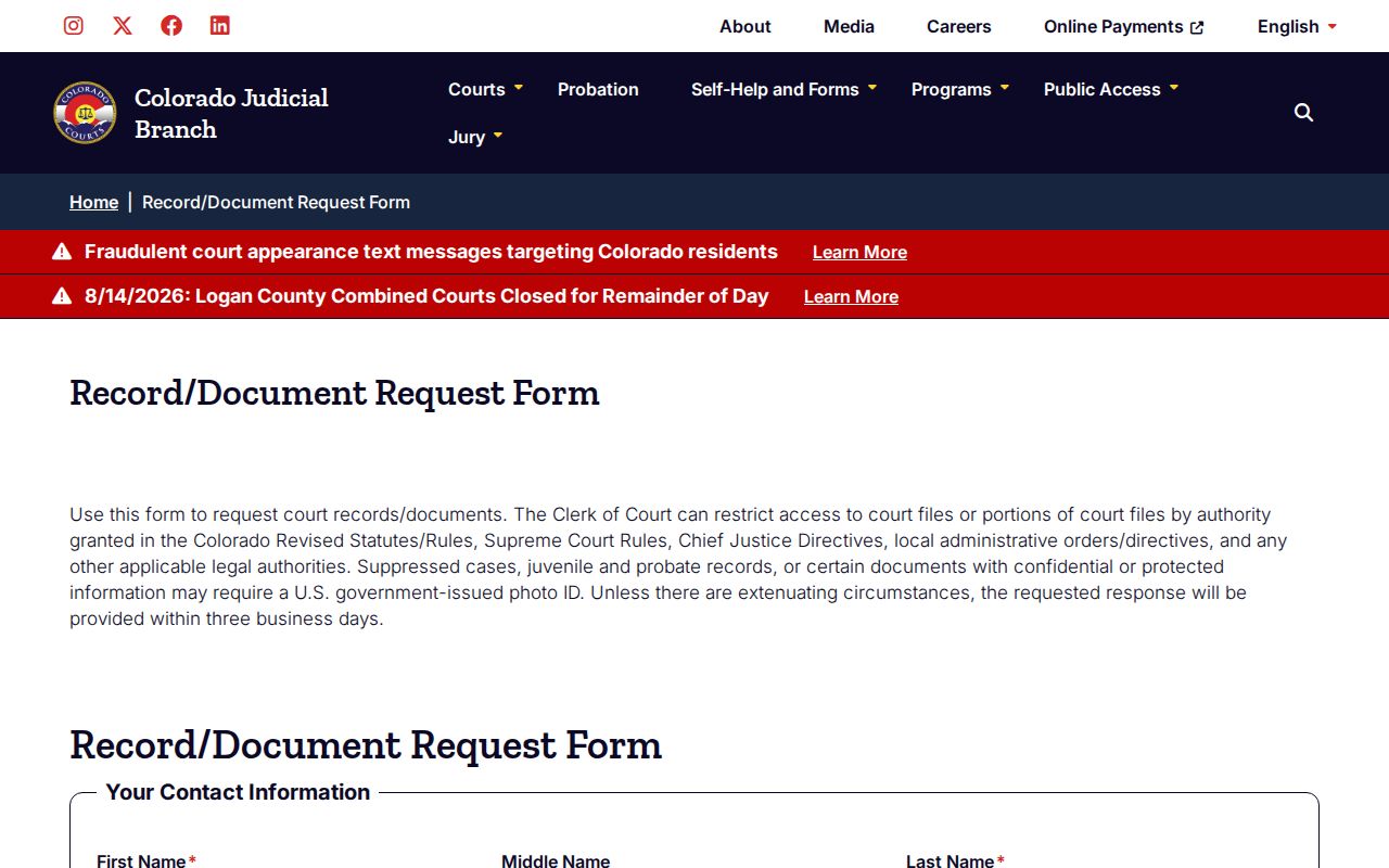 Colorado court record and document request form