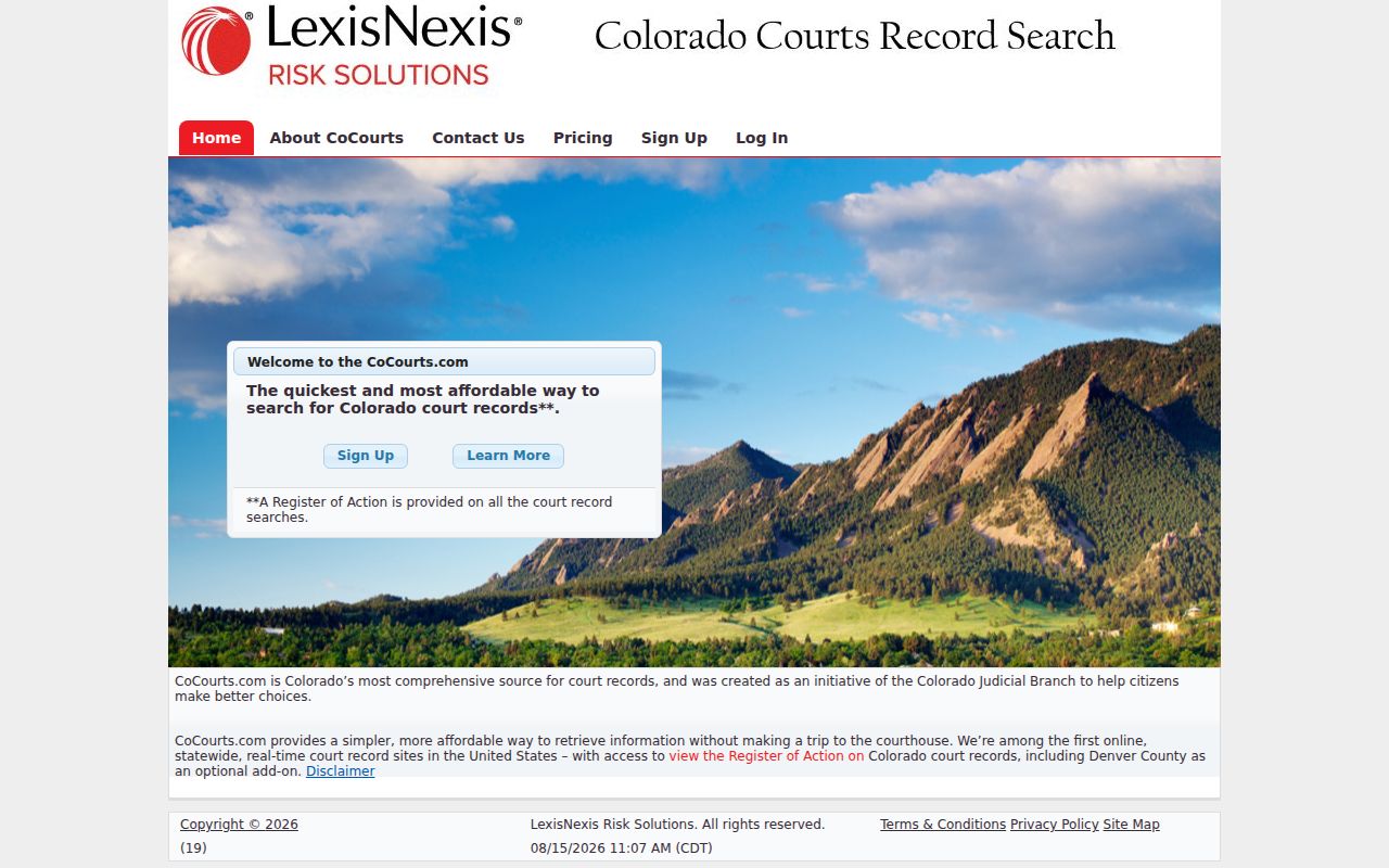 CoCourts approved Colorado Register of Action search landing page