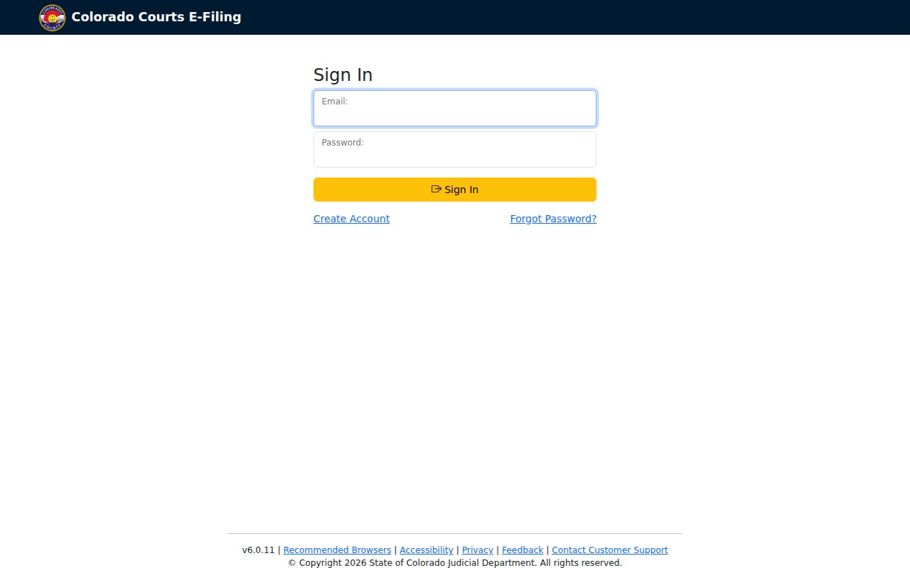 Colorado Courts E-Filing login page