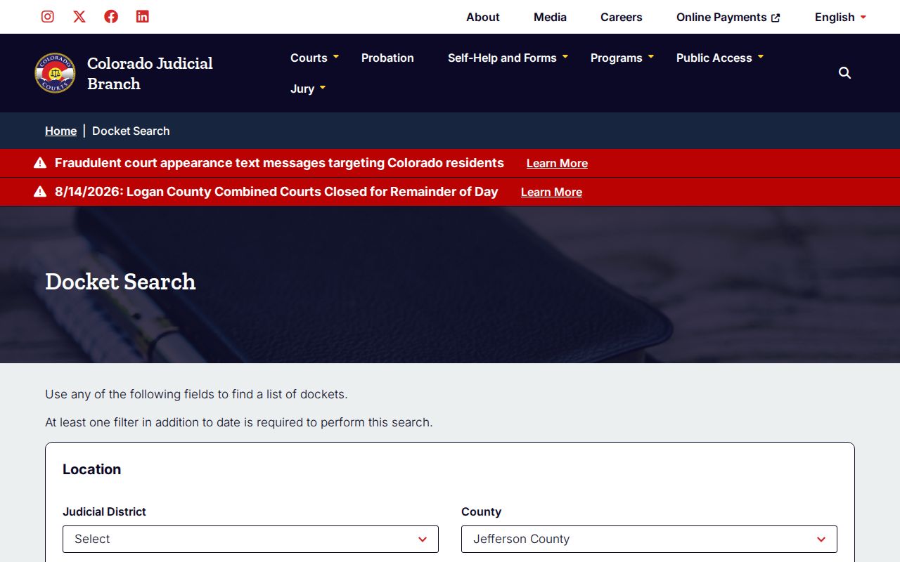 Colorado Judicial Branch docket search filtered to Jefferson County